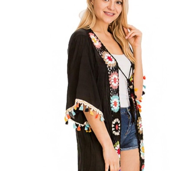 Crochet Floral Black Tie Tassel Embroidered Kimono - Picture 8 of 8